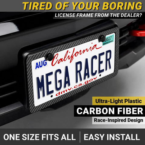 Slick Carbon Fiber License Plate Frame Set With A Dope Slim Profile And Fully Weatherproof Build For Quick Two Hole Universal Front Rear Swap On Your Daily Driver Ride mounted on black vehicle.