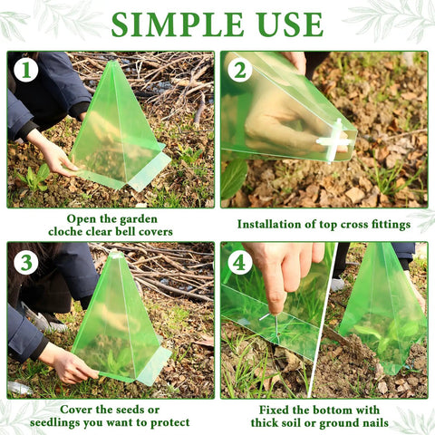 30 Pack Plastic Seedling Cloche Garden Covers For Plants Reusable Green Clear Bell Shields With Ground Spikes And Cross Supports 7.8 Inch By 11 Inch Mini Greenhouse To Stop Birds Slugs And Sun Damage