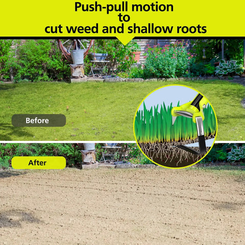 Before and after images demonstrating the use of 74 Inch Hula Hoe Garden Tool With Adjustable Stirrup Hoe And Gardening Gloves For Weeding And Loosening Soil Durable Green Long Handle Yard Work Kit With Comfortable Grip Rust Resistant Steel Head Beast Garden Helper.