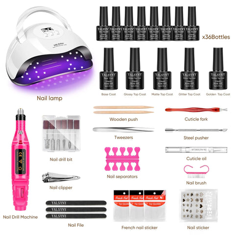 All In One Gel Nail Kit With UV Lamp And Drill Starter Kit 36 Colors Gel Polish Set Including Base Coat Matte Top Coat Glossy Top Coat Glitter Top Coat Golden Top Coat Cuticle Oil And Pro Grade Nail Tools For At Home Salon Quality Manicures displayed with tools and UV lamp.