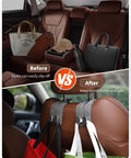 Before and after use of 4 Pack Leather Car Headrest Hooks With Double Hooks Rotating 360 Degree Backseat Organizer Hangers For Purses And Bags No More Backseat Clutter Gentle On Seats Nonmarking Black.