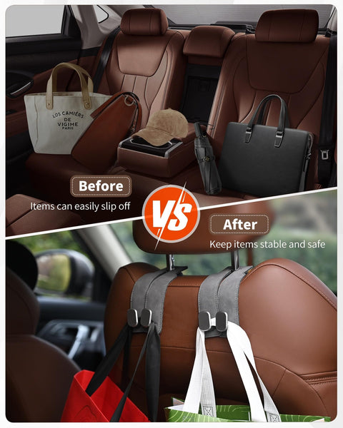 Before and after use of 4 Pack Leather Car Headrest Hooks With Double Hooks Rotating 360 Degree Backseat Organizer Hangers For Purses And Bags No More Backseat Clutter Gentle On Seats Nonmarking Black.