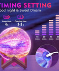 Galaxy Moon Lamp 4.8 Inch With Wood Stand, 16 Color Changing LED Moon Light on stand, showing timing and charging settings.
