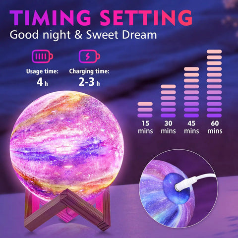 Galaxy Moon Lamp 4.8 Inch With Wood Stand, 16 Color Changing LED Moon Light on stand, showing timing and charging settings.