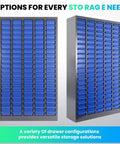 Nut And Bolt Organizer Cabinet For Hardware Storage With 100 Drawers And Dividers, Heavy Duty Steel Parts Organizer Measures 26 Inches By 9 Inches By 46 Inches, Labels Included For Your Shop, Garage, Or Office, showing front and side view of blue drawer cabinet.