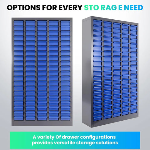Nut And Bolt Organizer Cabinet For Hardware Storage With 100 Drawers And Dividers, Heavy Duty Steel Parts Organizer Measures 26 Inches By 9 Inches By 46 Inches, Labels Included For Your Shop, Garage, Or Office, showing front and side view of blue drawer cabinet.
