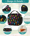 Unisex Insulated Lunch Bag With Shoulder Straps, Cool Portable Cooler Tote For Work, School, Travel And Kids, Keeps Meals Fresh With Premium Aluminum Lining, Ample Main Compartment And Side Pockets. Black lunch bag with lightning print, mesh pockets, buckle handle.