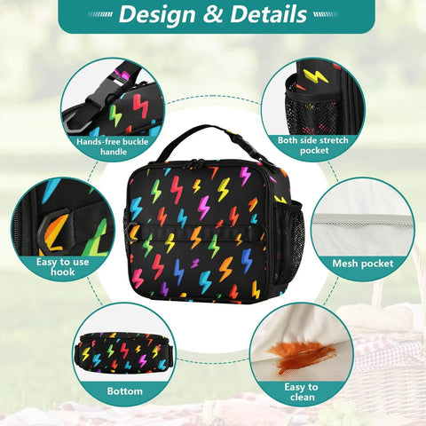 Unisex Insulated Lunch Bag With Shoulder Straps, Cool Portable Cooler Tote For Work, School, Travel And Kids, Keeps Meals Fresh With Premium Aluminum Lining, Ample Main Compartment And Side Pockets. Black lunch bag with lightning print, mesh pockets, buckle handle.