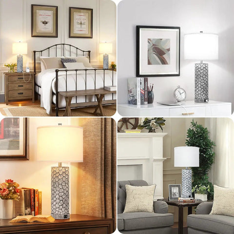Rustic Farmhouse Table Lamps Set of 2 With Dual USB Charging Ports, 25 Inch Tall Bedside Nightstand Lights, White Fabric Shade, Perfect for Bedroom or Living Room, Bulbs Not Included