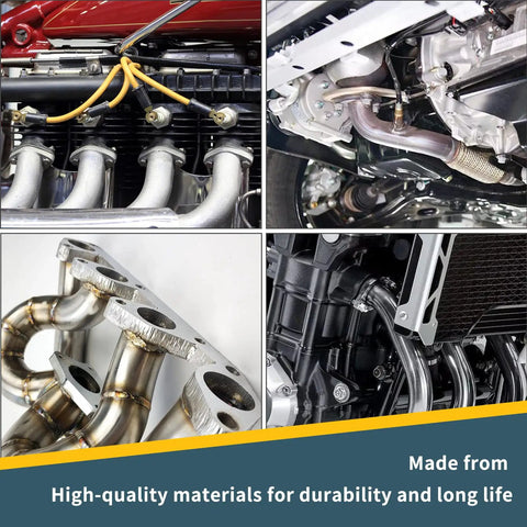 T304 Stainless Steel Exhaust Flange Bolt Kit With Drop In Quick Fix Pipe And Badass Gasket Universal Fit For Street Rods Muscle Cars And Custom Rigs Slick Garage Swap, engine components and exhaust pipes shown.