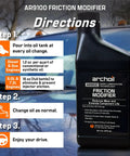AR9100 Friction Modifier bottle with usage directions visible on a vehicle background.