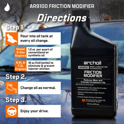 AR9100 Friction Modifier bottle with usage directions visible on a vehicle background.