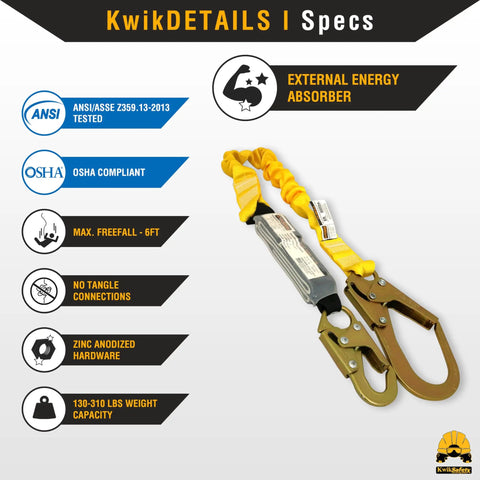 Heavy Duty External Shock Absorber Safety Lanyard Kit 6 Foot Single Leg Roof and Construction Lanyard 4 Pack OSHA ANSI details