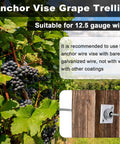 Grape trellis with Five Piece Anchor Wire Vise Set for Tightening 12 to 13 Gauge Wire, showing aluminum construction and easy grip