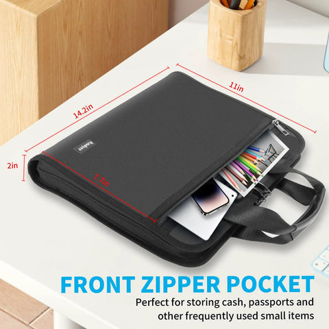 Fireproof Accordion File Organizer With Lock And Handle 13 Pocket Expanding File Binder on table showing front zipper pocket.