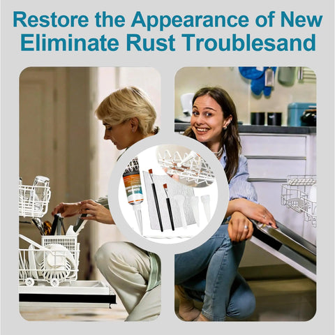 White Dishwasher Rack Repair Kit 1.7oz Coating With Rust Touch Up Paint, includes brushes, nozzles, scraper, sander, shown in use