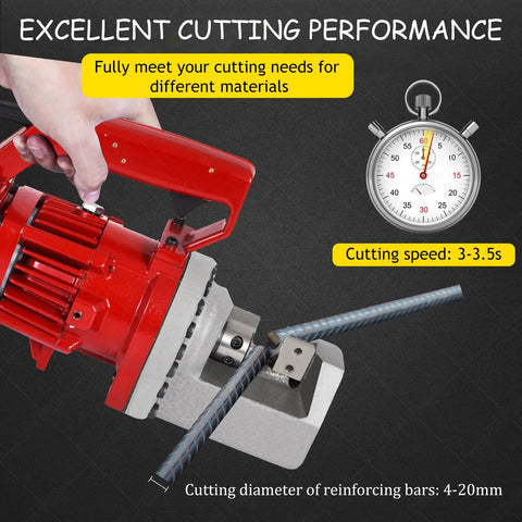 Hot Electric Hydraulic Rebar Cutter For Fast 3 Second Cuts cutting a 4-20mm steel bar with precision, showcasing the red motor and blade design.