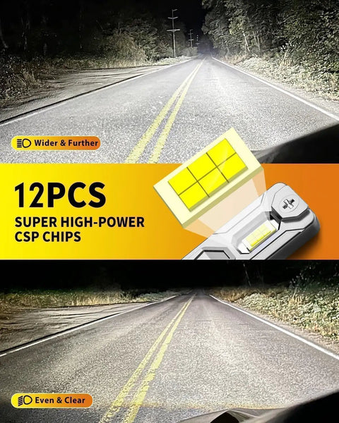 Road illuminated by H11 H9 And 9005 HB3 Light Bulbs Combo Pack Of 4, 120000 Lumen Output, 6500K Cool White, showing light coverage and CSP chips.
