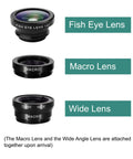 3 In 1 Clip On Phone Lens Kit With 180 Degree Fish Eye, 0.65x Wide Angle And 10x Macro lenses shown separately