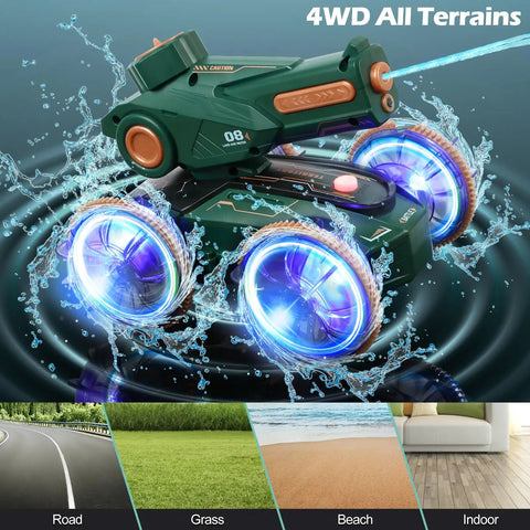 Amphibious RC Car Boat For Kids Ages Five To Twelve, Water Squirting Remote Control Vehicle With Lights On Water Surface