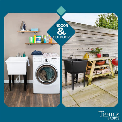 Heavy Duty Plastic Laundry Tub Featuring A Spacious 21 Gallon Basin With Sturdy Adjustable Freestanding Frame And Sleek Two Handle Faucet For Quick Household Cleanups No Sweat in indoor and outdoor setups.