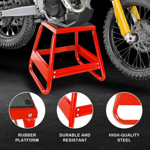 Universal Dirt Bike Stand Lift With 1000 Lb Capacity Removable Maintenance Jack in red holding a dirt bike off the ground
