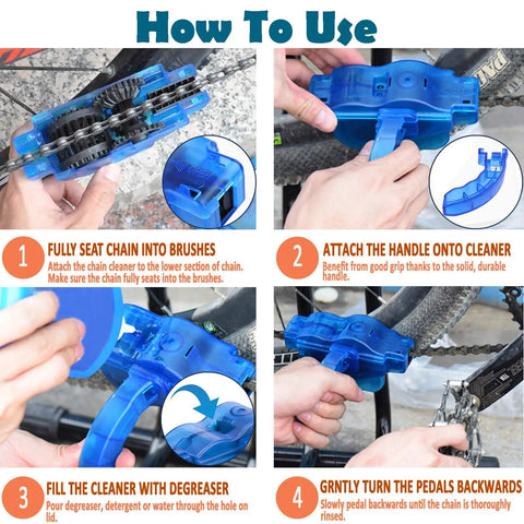 How to use All In One Bike Chain Cleaner Kit With Four Pieces Pro Gear Cleaning Brushes Deep Clean Your Drivetrain For Mountain Road And BMX Bikes Keep Chain Cassette And Sprockets Spinning Smooth instructions displayed step-by-step.
