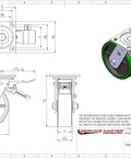 Technical drawing of Heavy Duty Polyurethane On Cast Iron Swivel Top Plate Casters Set Of 4 With 6 Inch Green Wheels Includes Two Swivel Casters With Total Lock Brakes And Two Rigid For A 4800 Lbs Total Capacity.