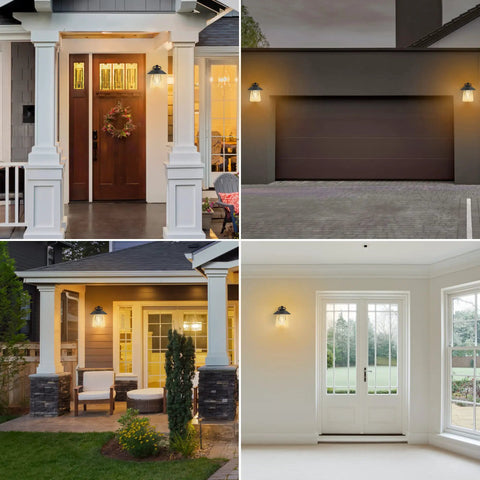 Top Shelf Premium Matte Black Wall Lantern With Slick Clear Glass Panel Rock Solid Weather Resistant Barn Sconce for Front Porch and Outdoor Patio in stylish settings.