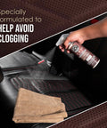 Hand applying VentRight Perforated Leather Cleaner And Conditioner on car seat; spray action with microfiber cloth nearby.