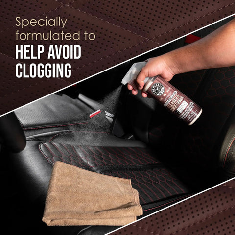 Hand applying VentRight Perforated Leather Cleaner And Conditioner on car seat; spray action with microfiber cloth nearby.