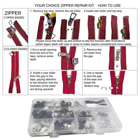 Detailed usage instructions and contents of 254 Piece Zipper Repair Kit With Case Universal Zipper Replacement Kit For Clothing Jackets Coats Boots Backpacks Purses And Outdoor Gear Easy DIY Fix For Broken Sliders Teeth And Missing Zipper Pulls