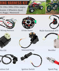 Gy6 150cc Wiring Harness Kit For ATVs Quad Go Karts with magneto stator, CDI box, solenoid, rectifier, and ignition coil components.