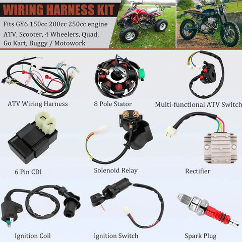 Gy6 150cc Wiring Harness Kit For ATVs Quad Go Karts with magneto stator, CDI box, solenoid, rectifier, and ignition coil components.