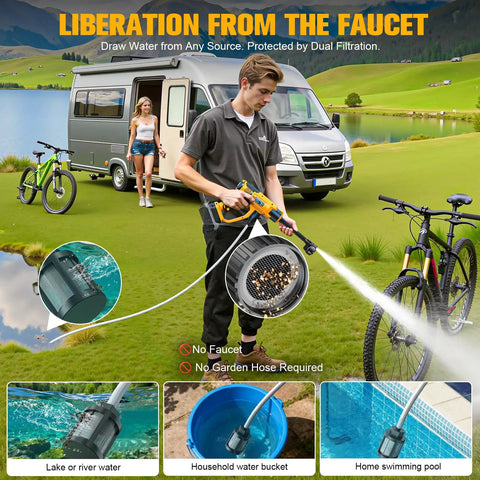 Workhorse Cleaning Tool For DeWalt 20V Battery System used outdoors near caravan and pond, cleaning bicycle, hose extended.