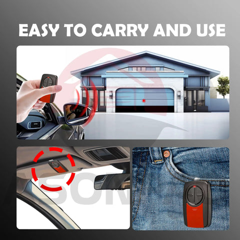 Universal Garage Door Opener Remote 2 Pack Compatible With Chamberlain Craftsman Sears Openers With Yellow Purple Red Green Learn Button Not Compatible With 811LMX 812LMX 813LMX Includes 5 Year Warranty in use, attached to car visor, and in jeans pocket