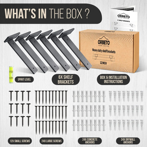 Heavy Duty Floating Shelf Brackets 6 Inch Pack Of 6 With One Quarter Inch Thick Metal Black Powder Coated Finish Holds Over 160 Pounds Includes Complete Mounting Hardware And Easy Install box and contents image