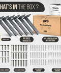 Heavy Duty Floating Shelf Brackets 10 Inch Six Pack One Quarter Inch Thick Steel Black Powder Coated holds up to 200 pounds shown with mounting hardware and instructions