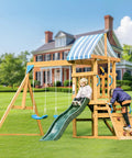 Backyard Wooden Swing Set For Kids And Toddlers With All In One Design Awesome Dual Swings Slide Rock Climbing Wall Blackboard Telescope Fort Kid Friendly And Outdoor Play Equipment For Imaginative Outdoor Fun in a grassy backyard setting.