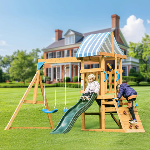 Backyard Wooden Swing Set For Kids And Toddlers With All In One Design Awesome Dual Swings Slide Rock Climbing Wall Blackboard Telescope Fort Kid Friendly And Outdoor Play Equipment For Imaginative Outdoor Fun in a grassy backyard setting.