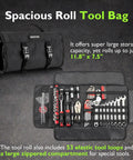 64 Piece Motorcycle Tool Kit With Roll Pouch Ride Ready Roadside Rescue Set, tools displayed in open roll pouch