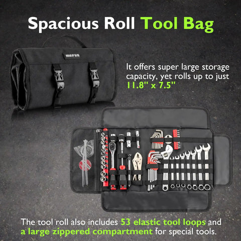 64 Piece Motorcycle Tool Kit With Roll Pouch Ride Ready Roadside Rescue Set, tools displayed in open roll pouch