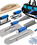 Pro Grade Concrete Trowel Set With Wood Float And 10 Piece Masonry Tool Kit Including trowels, edger, gloves, and carry bag