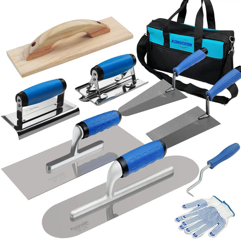 Pro Grade Concrete Trowel Set With Wood Float And 10 Piece Masonry Tool Kit Including trowels, edger, gloves, and carry bag