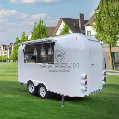 Custom Stainless Steel Food Truck Trailer With Turnkey Kitchen Setup For Mobile Coffee Or Hot Dog Business Built Heavy Duty To Level Up Your Street Vendor Hustle Today, featuring large serving window and lights.