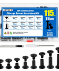 Heavy Duty Black Chicago Screws Kit For Leather Crafts, 115 Piece Set with tools and various sizes of black screws and rivets.