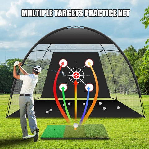 Golfer using 10x7 Ft Golf Net With Tri Turf Mat And Real Balls Set For Indoor And Outdoor Practice Backyard Driving Training Gear