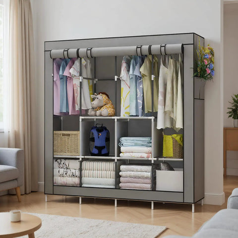 Portable Wardrobe Organizer With Six Roomy Shelves And Four Hanging Sections, Grey Garment Closet System in living room.