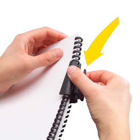 Hands using Manual Desktop Binding Punch For ProClick Spines, 6 Sheet Capacity, showing how to add or remove sheets easily.