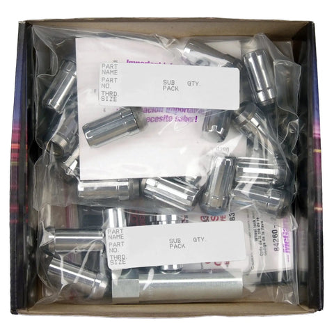 Box of Chrome SplineDrive Install Kit With One Half Inch By Twenty Thread Lug Nuts And Wheel Locks Includes 18 Lug Nuts 1 Installation Tool 5 Wheel Locks 1 Key And Key Pouch Closed End Design For Maximum Grip And Stud Engagement
